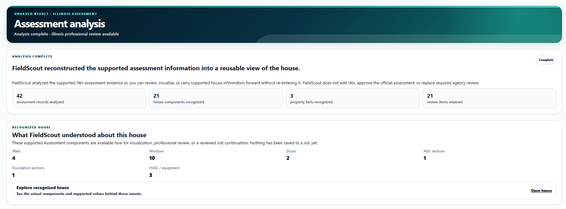 Assessment Check showing recognized house components and review items in an Illinois example.