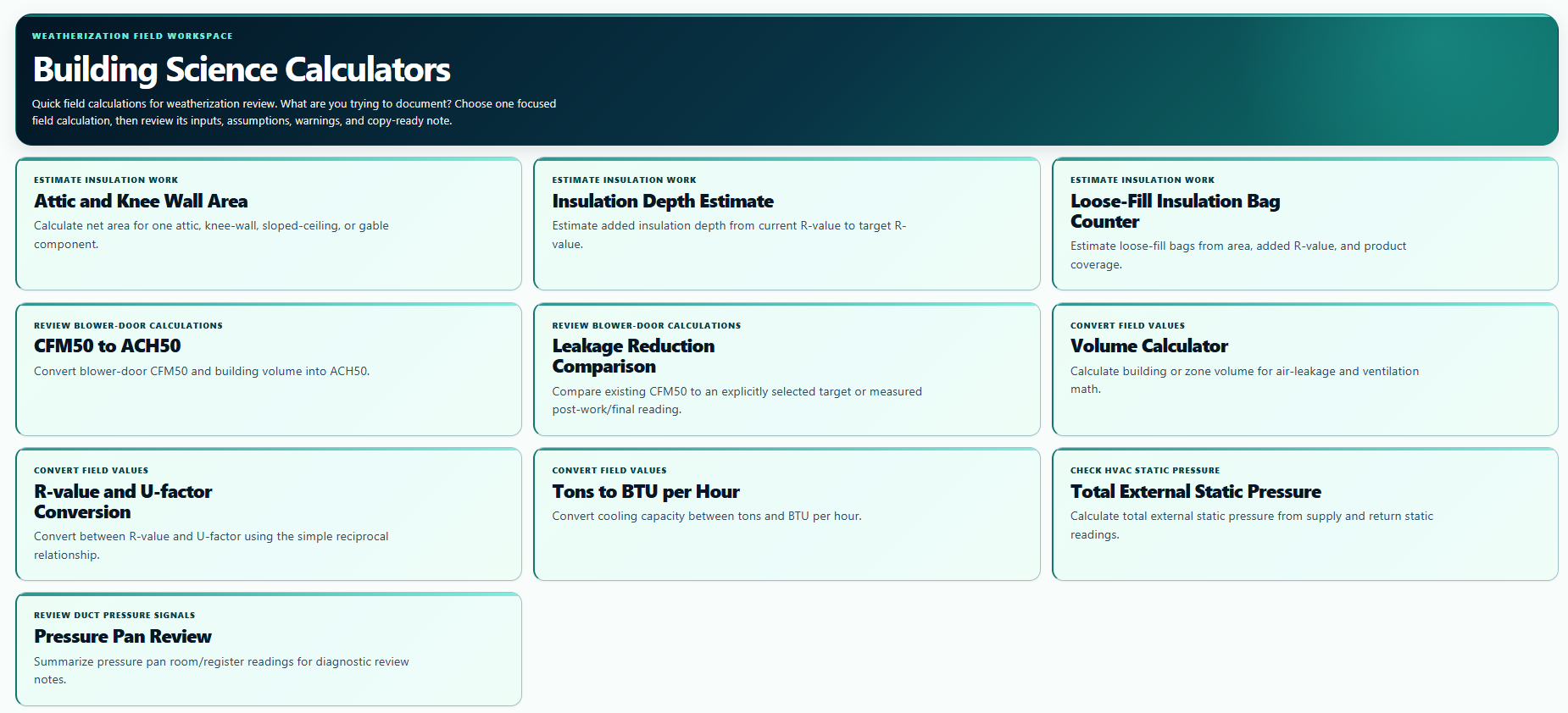 Building Science Calculators overview with insulation, air-leakage, volume, and HVAC tools.