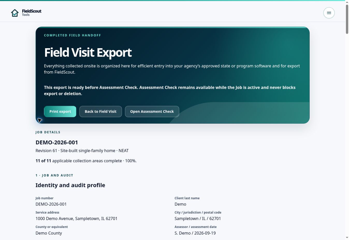 Field Visit Export from a fictional demonstration Job