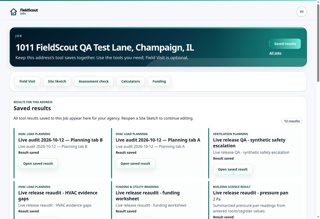 Synthetic FieldScout QA Job showing saved HVAC and ventilation planning, funding, and building science results.