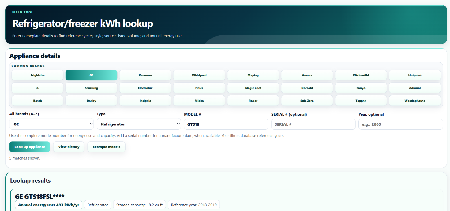 Refrigerator lookup showing GE model matches and annual energy use.