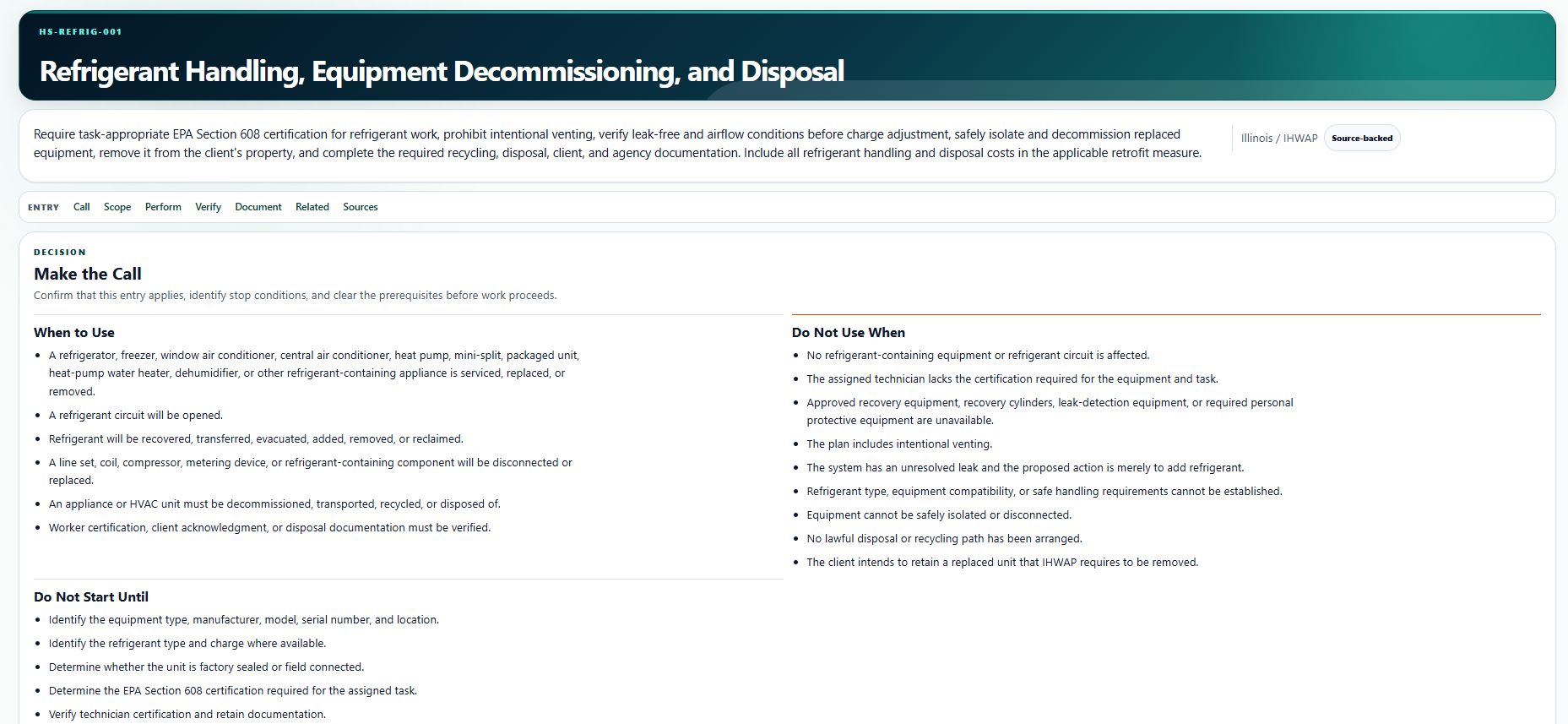 Illinois ScopeBook entry for refrigerant handling, equipment decommissioning, and disposal.
