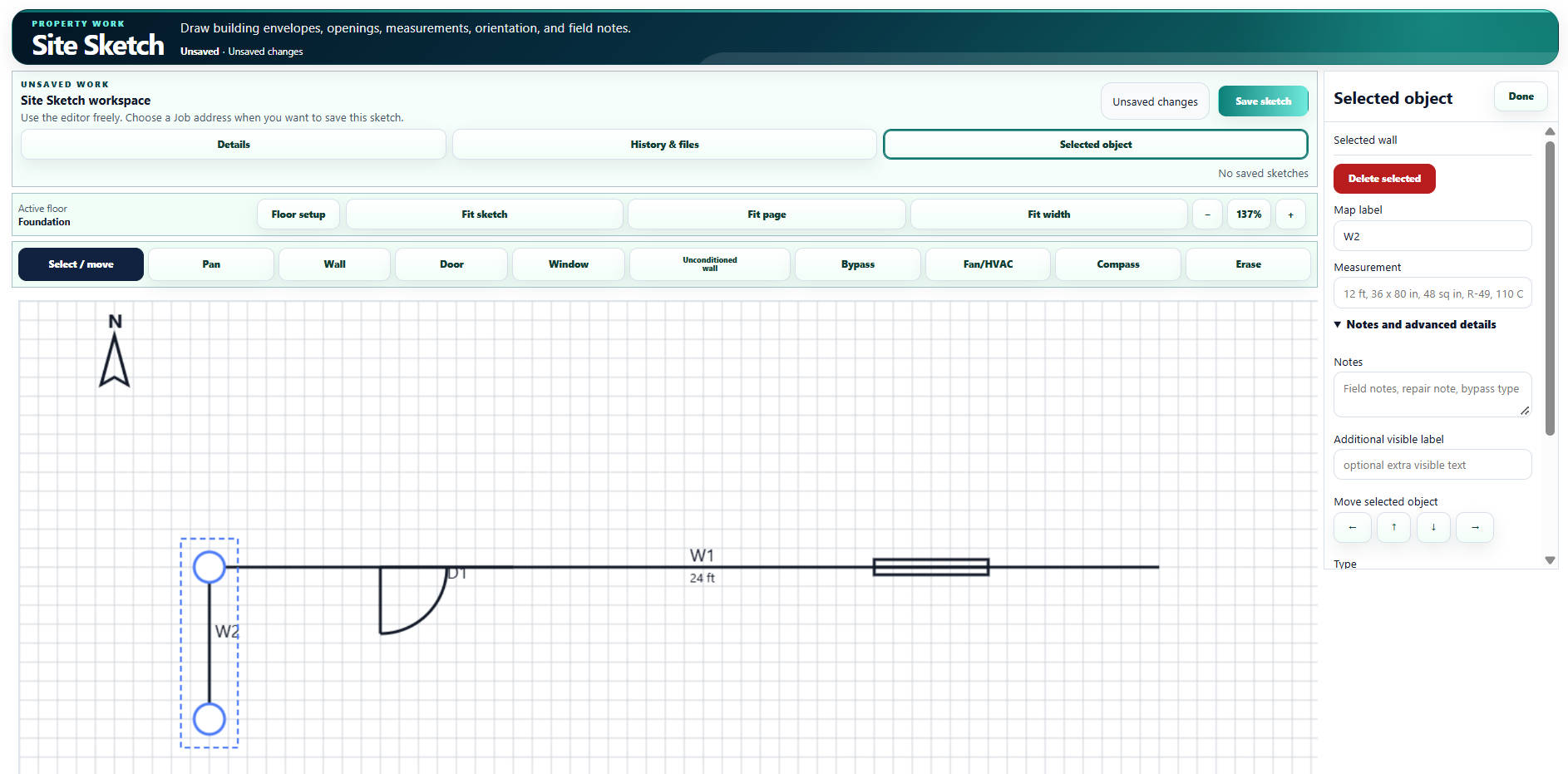 Site Sketch editor with a selected wall, door, window, and compass.