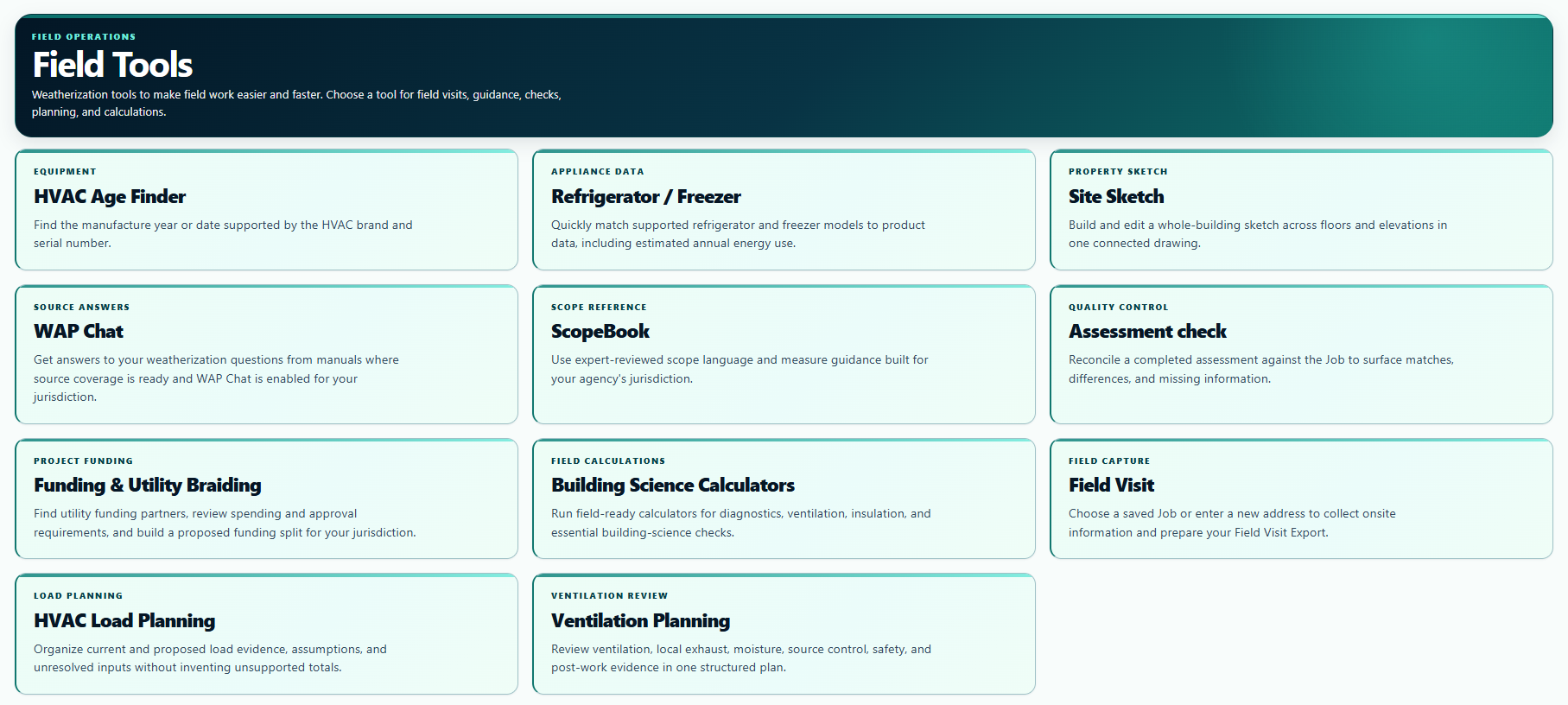 Field Tools overview with the current weatherization tool cards.