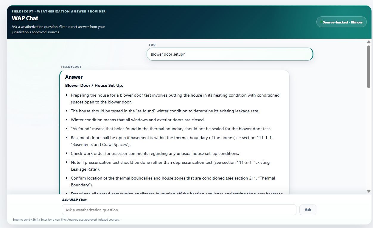WAP Chat displaying an Illinois source-backed answer about blower-door setup.